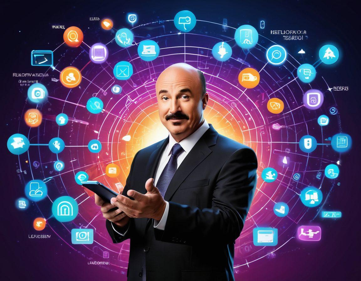 A digital key unlocking a glowing, intricate web of interconnected networks, with vibrant icons representing websites, social media, and online tools radiating from the center. Dr. Phil, depicted as a knowledgeable guide with a confident expression, stands beside, explaining strategies with flowcharts and schemas in the background. futuristic and tech-savvy. vibrant colors. vector art.