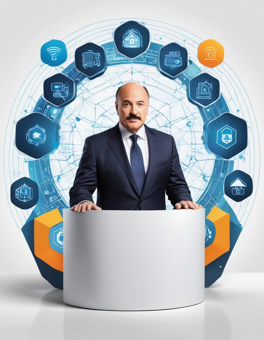 A dynamic illustration of a virtual fortress with futuristic elements, symbolizing online security. Dr. Phil is seen advising from a digital podium, surrounded by icons representing security, user engagement, and stability. The background should depict interconnected networks and abstract technology patterns. vector art. vibrant colors. white background.