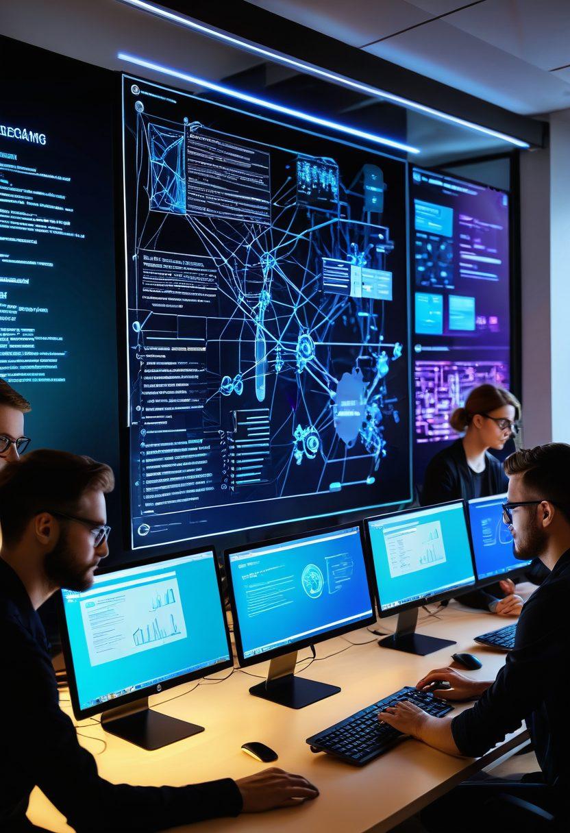 A diverse team of web developers and designers collaborating around a large digital concept board, filled with website mockups, code snippets, and UX/UI elements. In the background, a vast digital network represents the interconnected nature of the internet. Modern office setting with vibrant hues and sleek technology. super-realistic. vibrant colors.